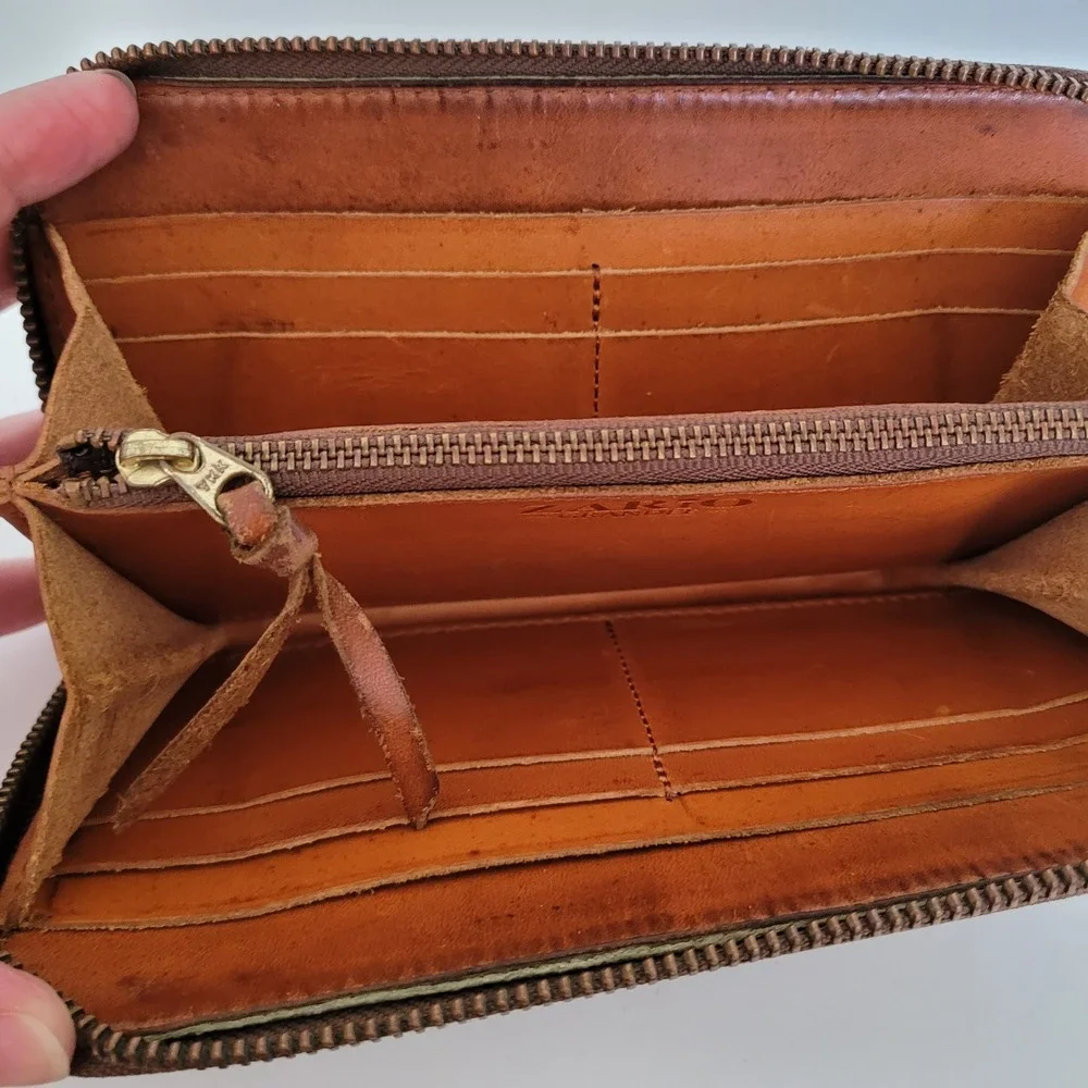 Zario Grandee Brown Leather Zip Around Wallet Long Accordion Organizer Mens